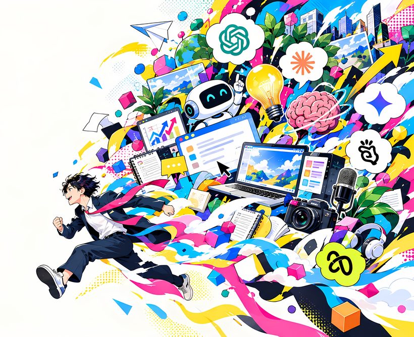 スーツ姿の人物が、AIやデバイスのイラストが渦巻く世界へ駆け出していくイラスト