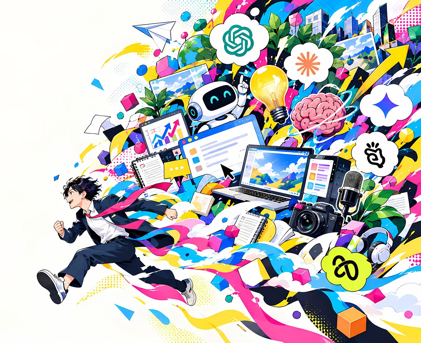 スーツ姿の人物が、AIやデバイスのイラストが渦巻く世界へ駆け出していくイラスト